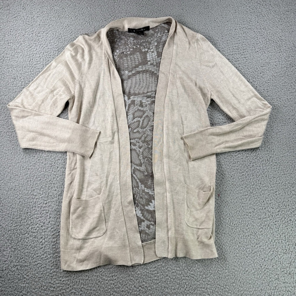89th and Madison Cardigan Sweater Womens M Open Front Snake Print Back Beige‎